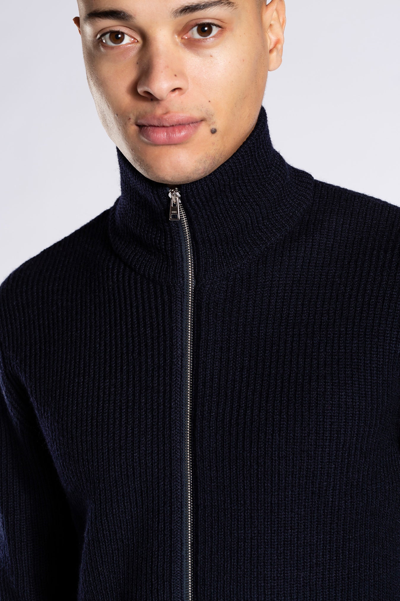 Hagen Wool Cotton Rib Full Zip Jacket - Dark Navy