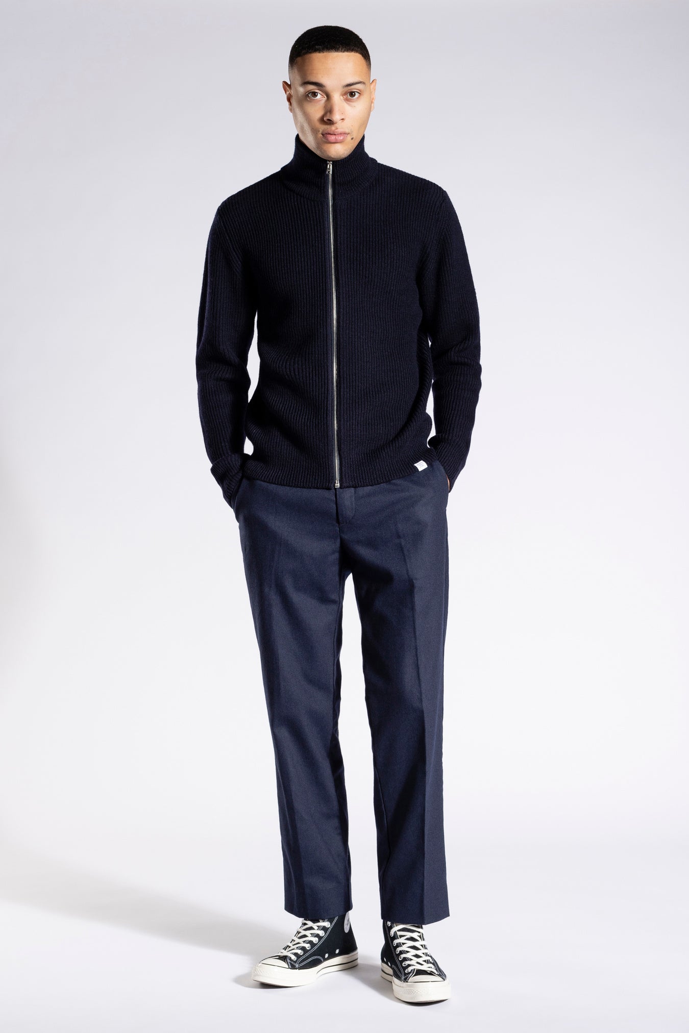 Hagen Wool Cotton Rib Full Zip Jacket - Dark Navy