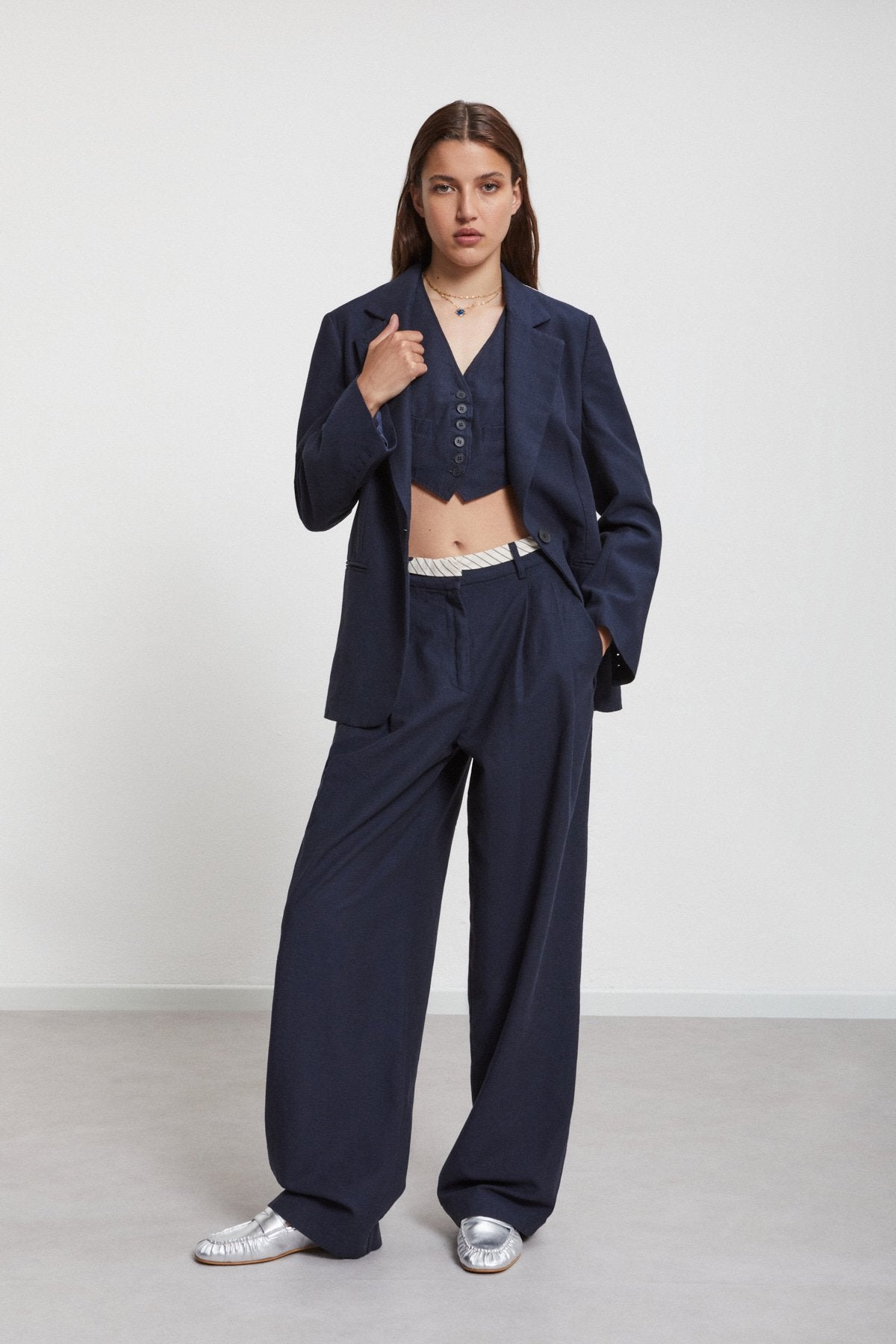 Linen Blend Straight Leg Trousers - Night