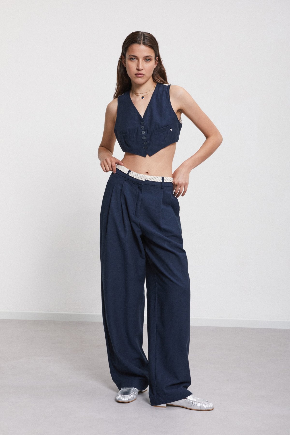 Linen Blend Straight Leg Trousers - Night