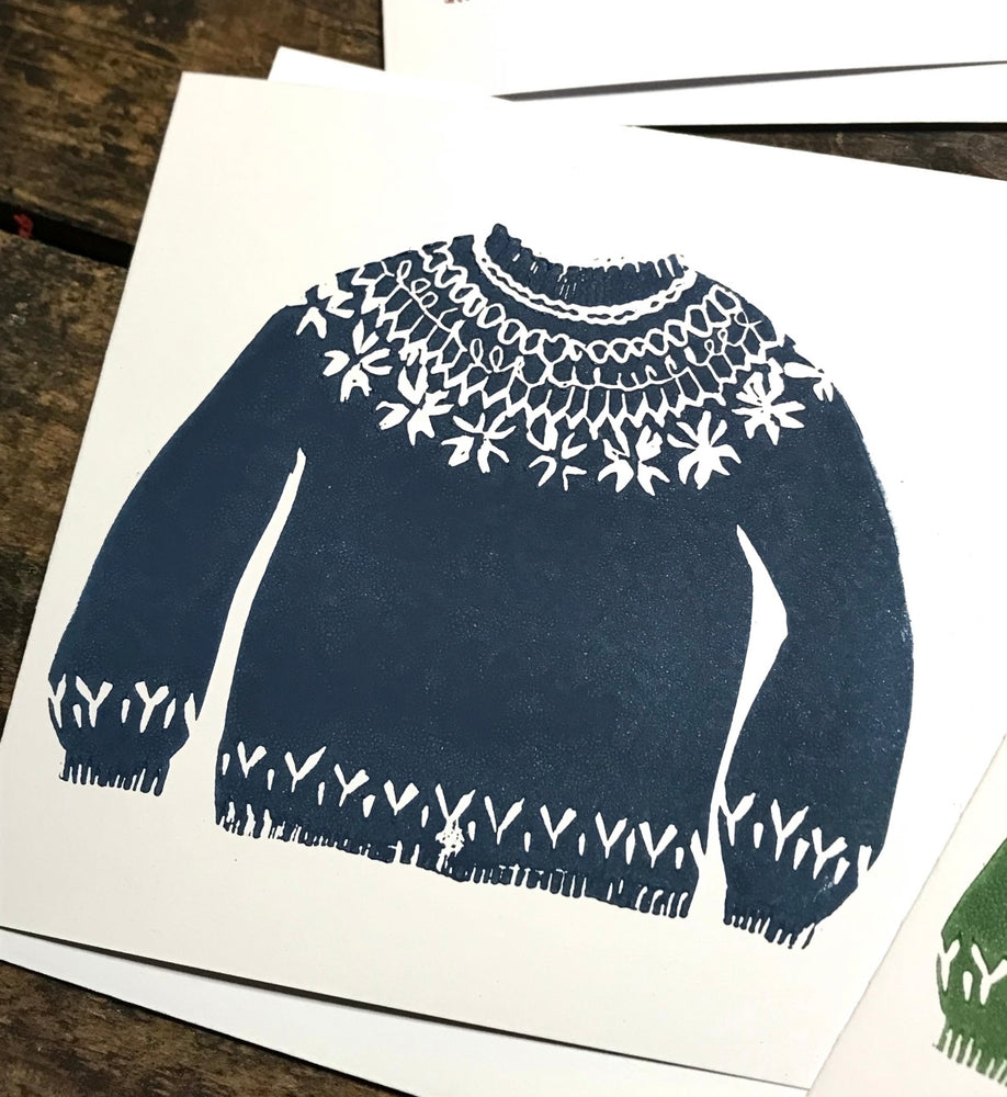 Nordic Jumper Original Lino Print Christmas Card - Blue