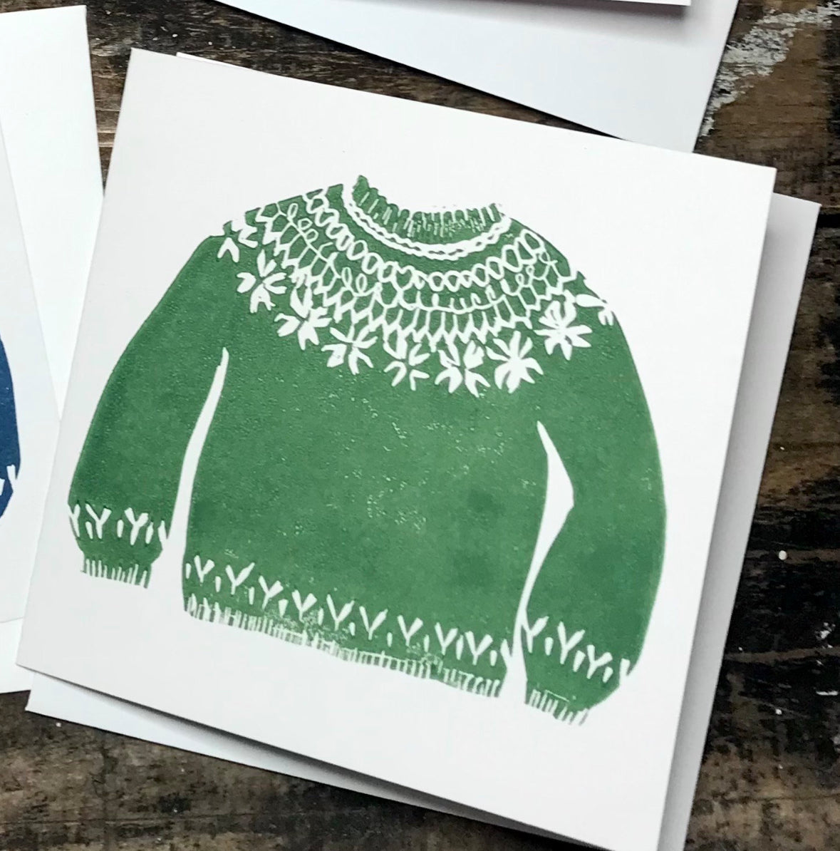 Nordic Jumper Original Lino Print Christmas Card - Green