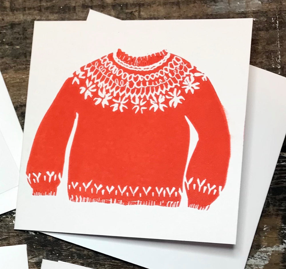 Nordic Jumper Original Lino Print Christmas Card - Red