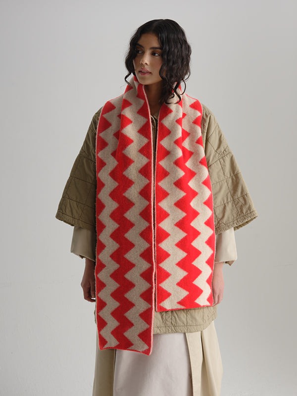 Brushed Zigzag Scarf - Poppy & Oatmeal