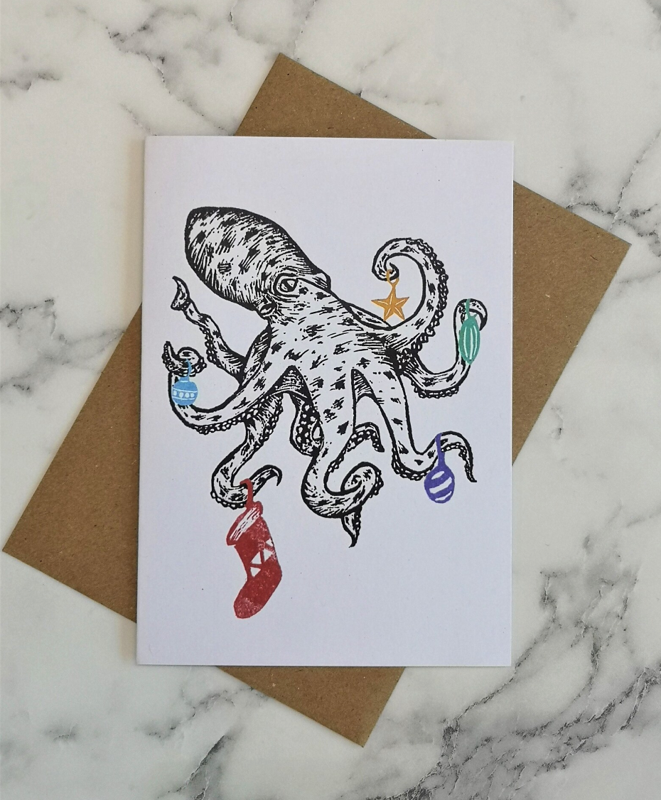 Decorating Octopus Christmas Card