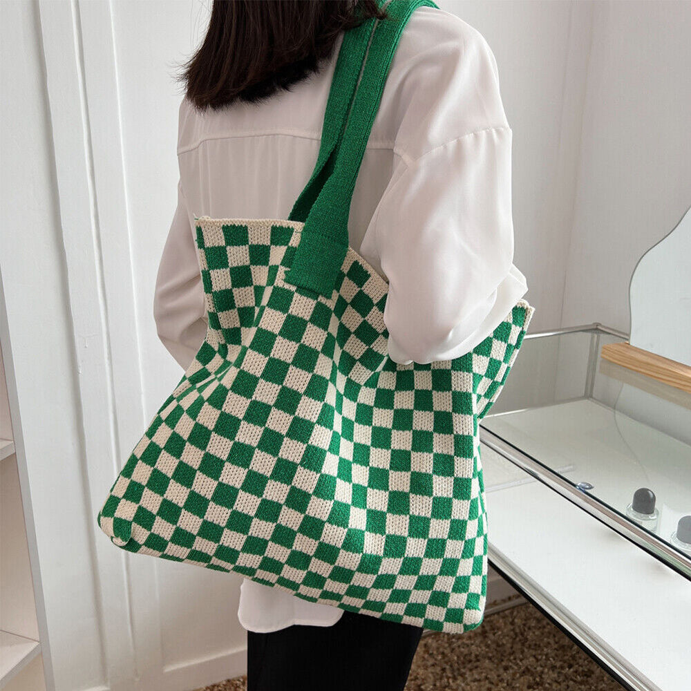 
                  
                    Knitted Checkerboard Tote - Green & White
                  
                