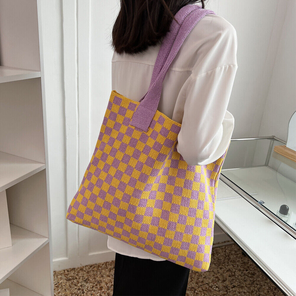 Knitted Checkerboard Tote - Yellow & Lilac