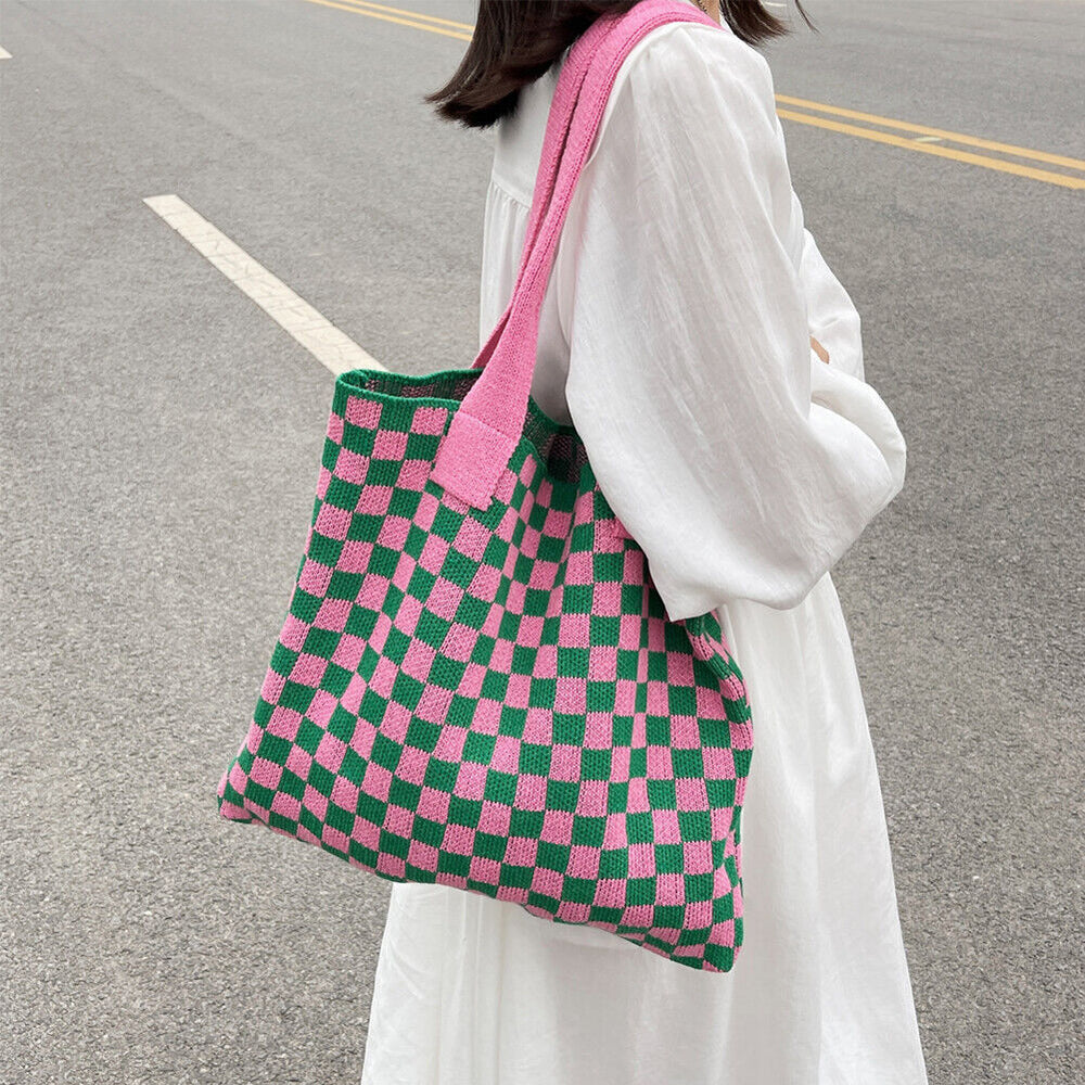 
                  
                    Knitted Checkerboard Tote - Pink & Green
                  
                