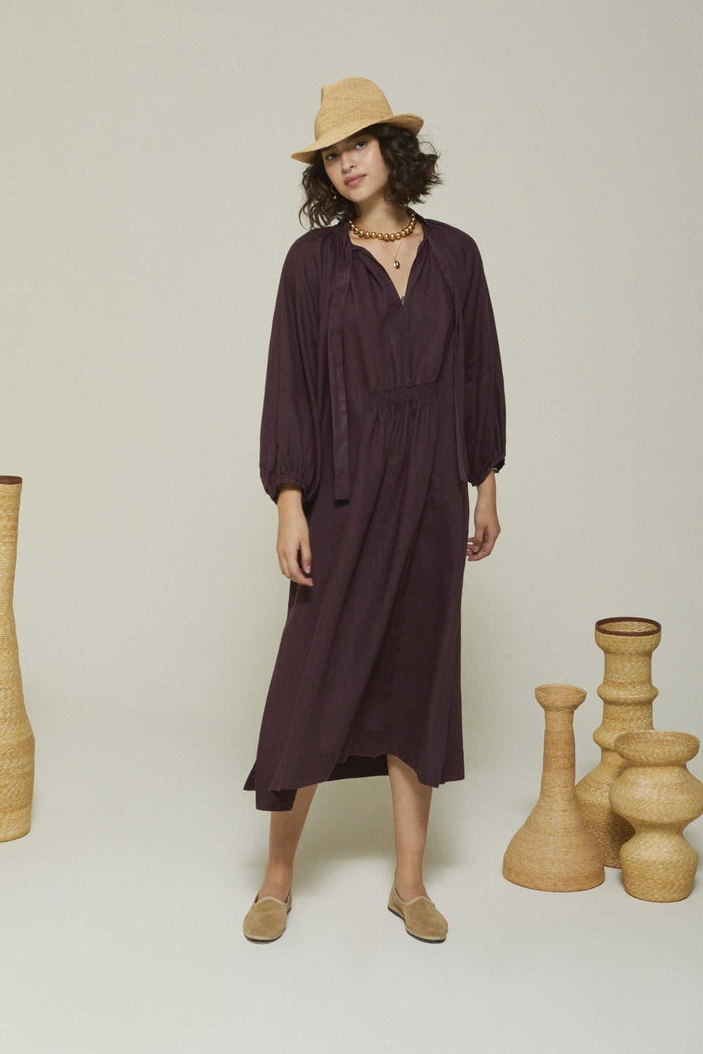 Linen Long Dress with Scarf Neck - Fico